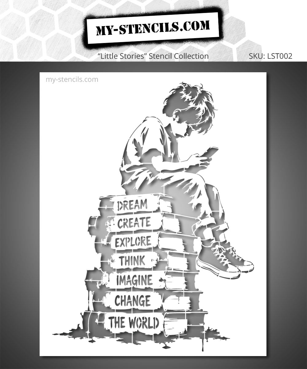 Stencil Street Art of a Child with Smartphone Sitting on a Stack of Books - Activist Art