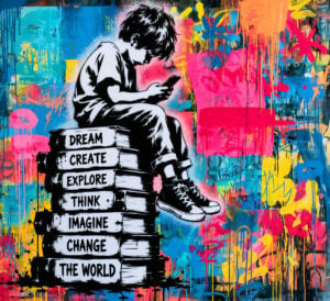 Stencil painting of a child with a smartphone sitting on a stack of books - Engaged and protest art