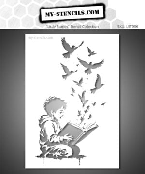A child absorbed in reading watches a flock of birds escape from their book and take flight, in a scene full of imagination and poetry.