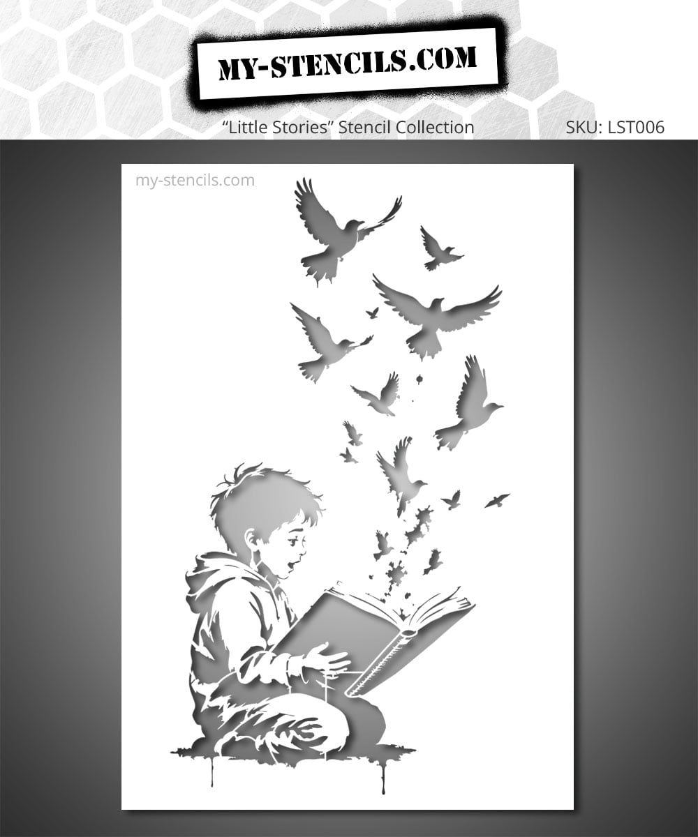 A child absorbed in reading watches a flock of birds escape from their book and take flight, in a scene full of imagination and poetry.