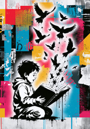 A colorful Street Art creation featuring a child with a book as a flock of birds rises around him, as if the story is coming to life before his eyes.