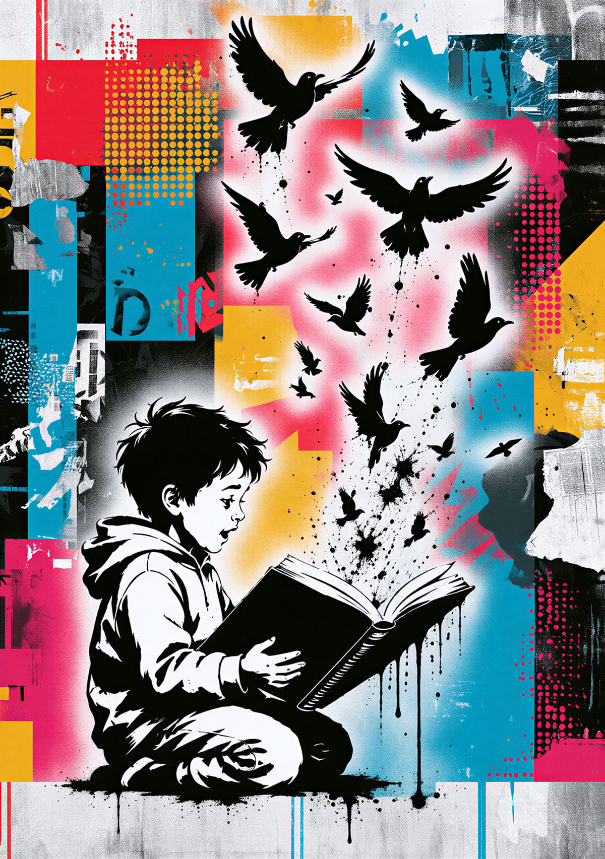 A colorful Street Art creation featuring a child with a book as a flock of birds rises around him, as if the story is coming to life before his eyes.