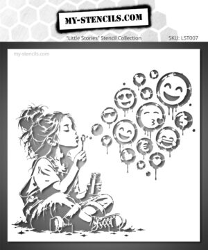 Stencil depicting a girl blowing emotion bubbles and emojis