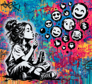 Street art creation of a child with soap bubbles and emojis - made with street art stencil