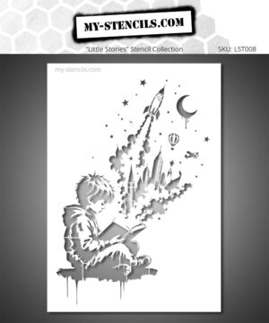 Stencil depicting a child reading with fantastical elements emerging from the book.