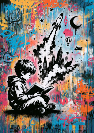 Colorful painting created with a stencil of a child reading and fantastical elements.