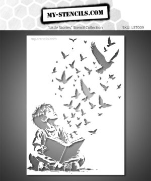 Stencil of a child reading with birds in flight