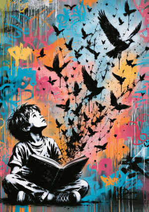 Painting of a child reading with colorful birds in flight