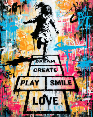 Street art creation made with a hopscotch stencil - Playful and creative