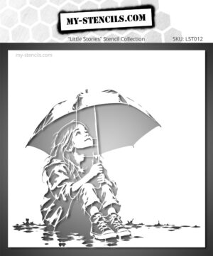 Stencil of a child with an umbrella - A girl sitting under a large umbrella looks up at the sky in a Street Art composition. A figurative stencil that can be used alone or combined with patterns, colors, and graphic backgrounds.