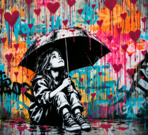 Street art creation featuring a girl under an umbrella with a rain of hearts - made with stencils, paint, and spray