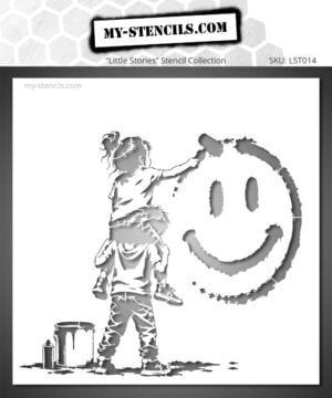 Stencil depicting two children painting a smiley on a wall - street art style full of creativity with little artists