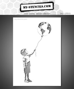 Stencil of a child holding a balloon shaped like planet Earth