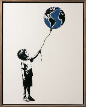 Image created with a stencil of a child holding a balloon representing planet Earth, the world hanging by a thread.