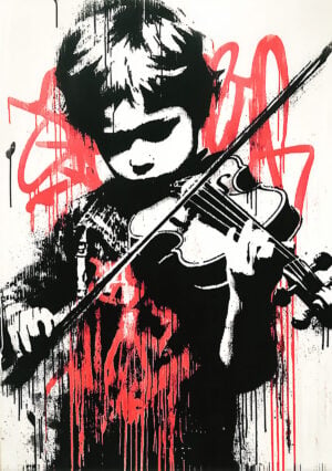 Artistic image in street art style created with a stencil of a child violinist - in the style of Banksy and street artists