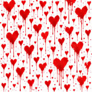 Street art creation with large colorful hearts, drips, and splatters - created with stencils and spray paint
