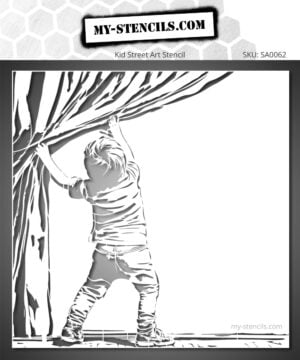 Stencil depicting a child pulling back a curtain to reveal what's hidden behind. Reusable and professional quality.