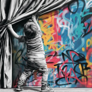 Artistic street art creation depicting a child revealing a colorful wall behind a curtain - made using the stencil from our online shop