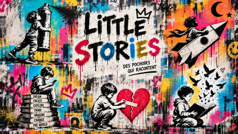 Illustration of the Little Stories collection featuring several children in street art scenes centered on imagination, emotions, and creativity.