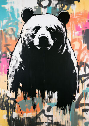 Street Art Bear Stencil - Colorful mural art with bear motif on a multicolored graffiti background.