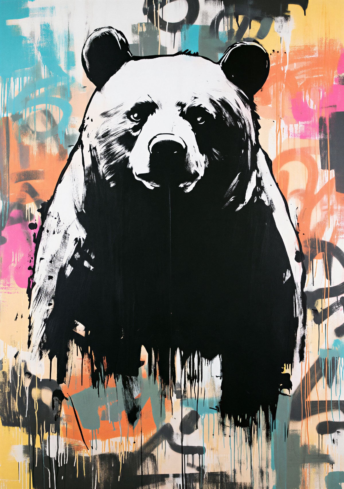 Street Art Bear Stencil - Colorful mural art with bear motif on a multicolored graffiti background.