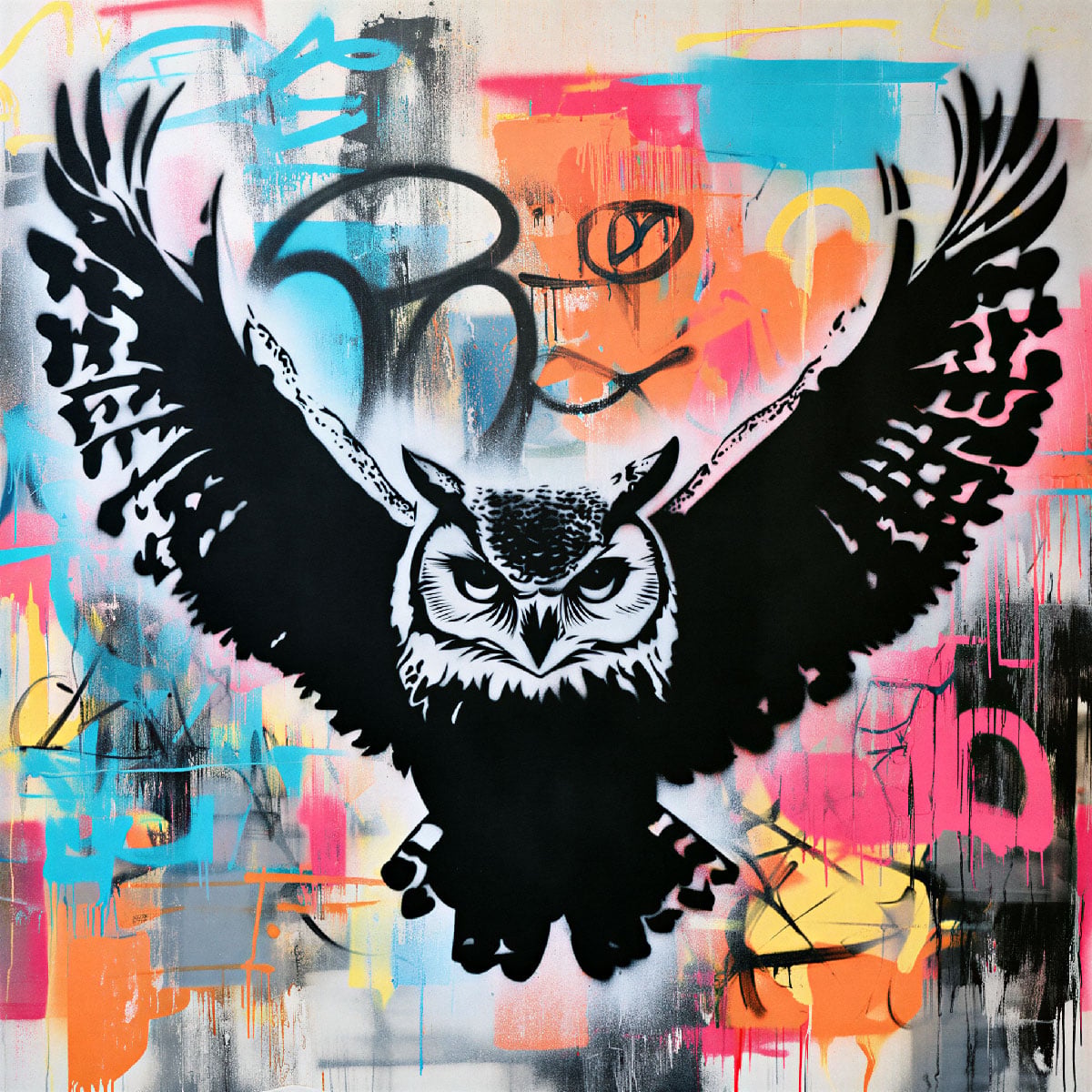 Painting created with the Great Horned Owl in Flight stencil on a colorful background in a street art style.