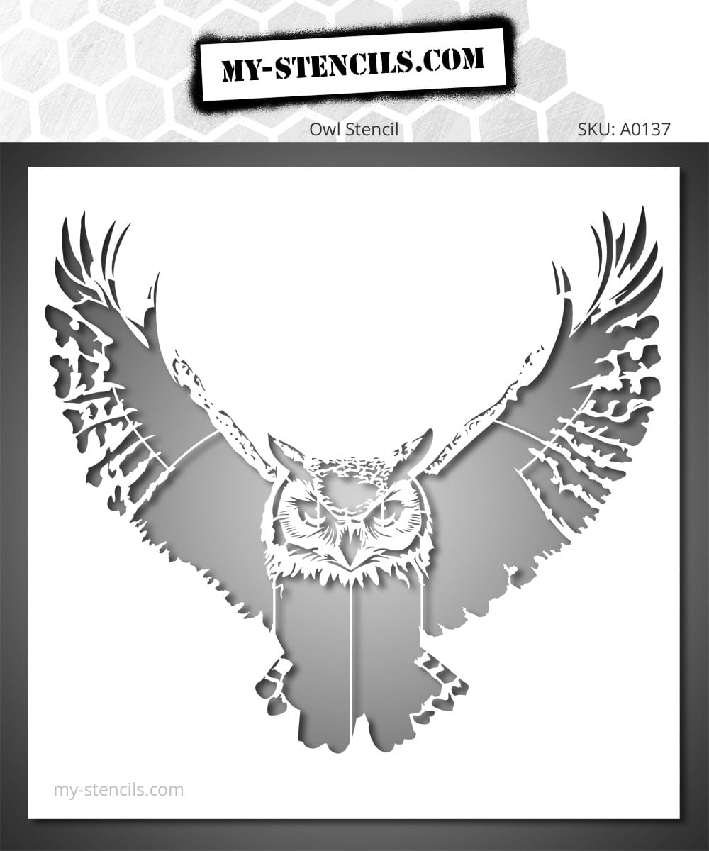 Stencil depicting a Great Horned Owl in Flight with its wings spread. Perfect for artists and nature enthusiasts.