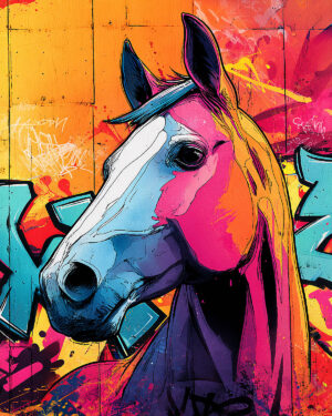 Horse Portrait Stencil - Colorful and detailed illustration of a horse's head with graphic, contrasting lines.