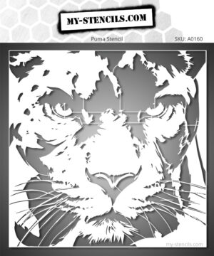 Stencil depicting a close-up, front-facing puma with a steady gaze, snout, whiskers, and the characteristic details of the big feline.