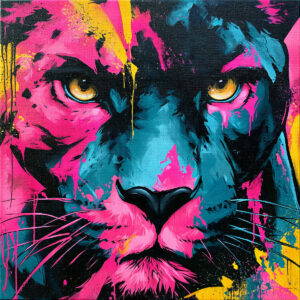 Example of artwork created with the Puma Stencil, showcasing the big cat face-on in a vibrant artistic composition.