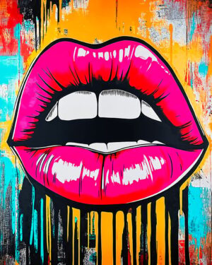 Example of artistic creation with the Sensual Lips Stencil, featuring a mouth with full lips in shades of pink, red, and yellow, with graphic effects and paint drips inspired by Pop Art and Graffiti.