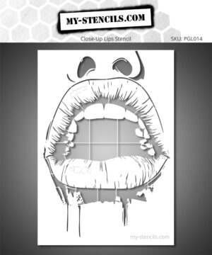 Stencil depicting a wide-open mouth with full lips, visible teeth, and the lower part of the nose. An expressive graphic design with strong contrasts.