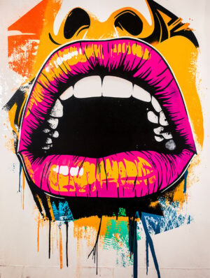 Artistic creation example with the Expressive Lips Stencil, showing a wide-open mouth with pink lips, visible teeth, in a colorful and dynamic Pop Art universe.