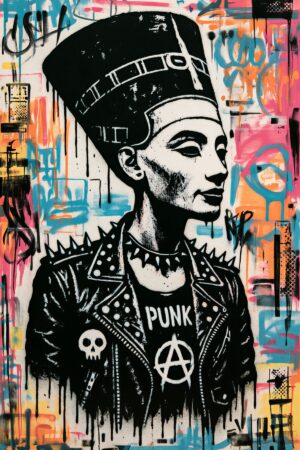 Artistic result created with the stencil of the famous Egyptian queen Nefertiti reimagined in punk style