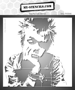 Stencil featuring a young boy with a Punk Rock style, spiky hair, a leather jacket, and studded accessories. Graphic design with strong contrasts.