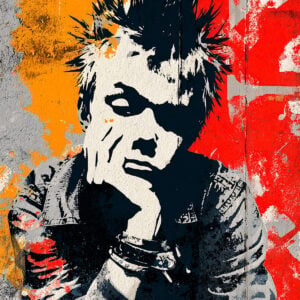 Artistic illustration of the Punk Rock Stencil – Boy's Portrait, featuring a character with spiky hair and a leather jacket, set against a background with orange and red tones, and paint and texture effects.