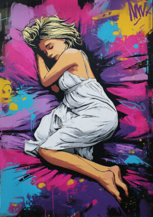 Artistic rendition of the Serenity Moment stencil, depicting a young woman asleep against an abstract background with paint effects and textures. A composition that plays on the contrast between the energy of the setting and the character's peaceful calm.