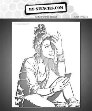 A young woman seated with a smartphone in hand, a headband in her hair, and bracelets on her wrists. A feminine portrait with a relaxed yet bold look, ready to be reimagined with paint and colors.