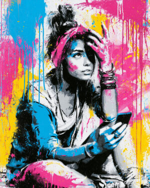 Colorful illustration of a woman with her phone, created with a stencil.