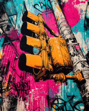 Street art piece created with a traffic light stencil on a colorful, textured background