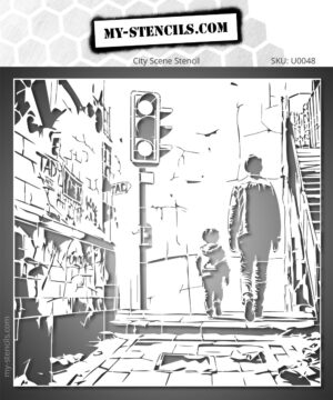 Urban scene stencil of a father and son walking down a city street