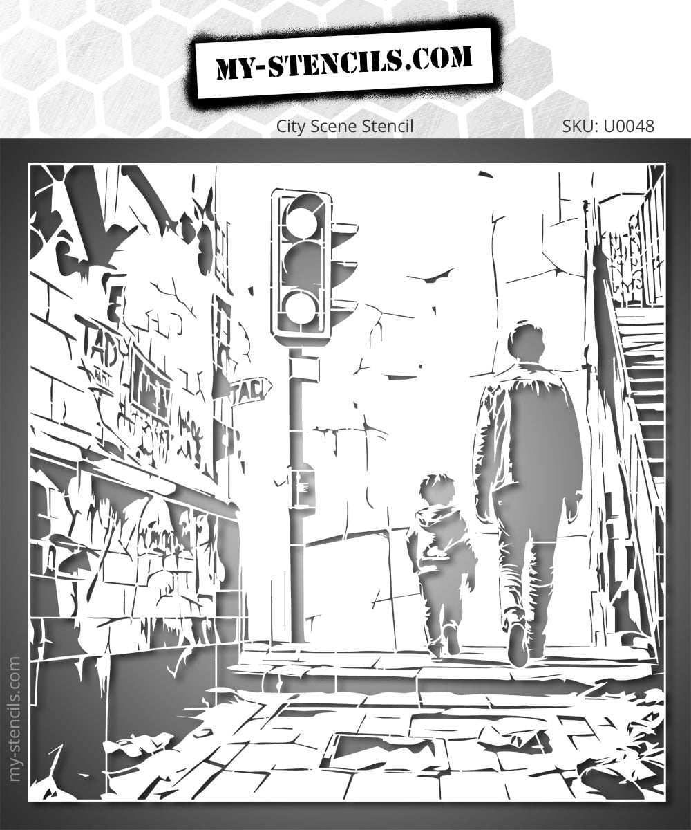 Urban scene stencil of a father and son walking down a city street