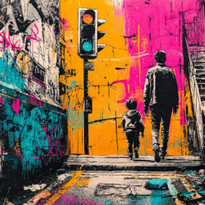 Vivid artistic interpretation of an urban scene featuring an adult and child. Created with high-quality stencil.