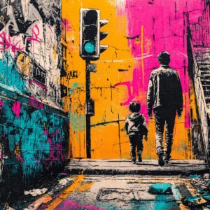 Vivid artistic interpretation of an urban scene featuring an adult and child. Created with high-quality stencil.