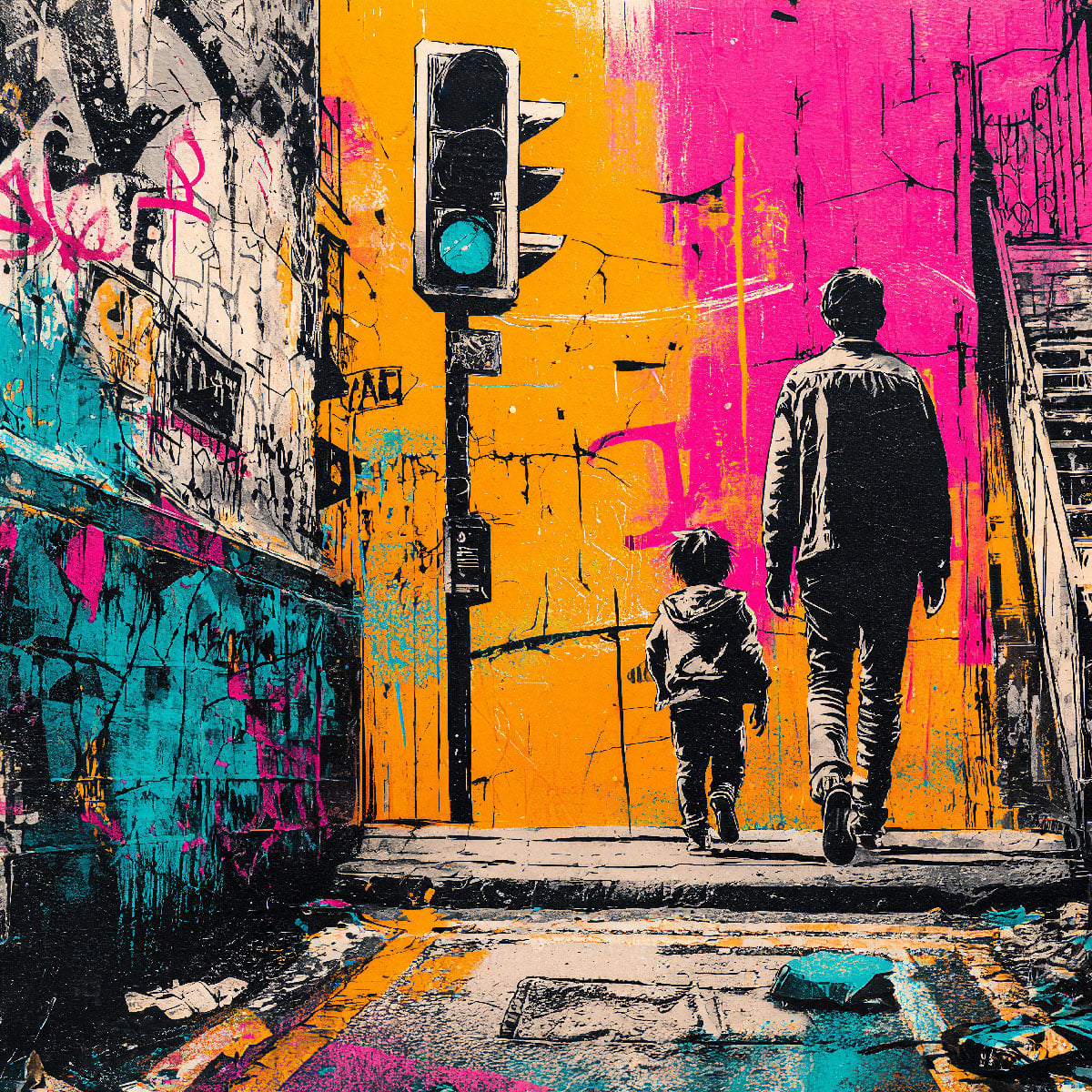 Vivid artistic interpretation of an urban scene featuring an adult and child. Created with high-quality stencil.