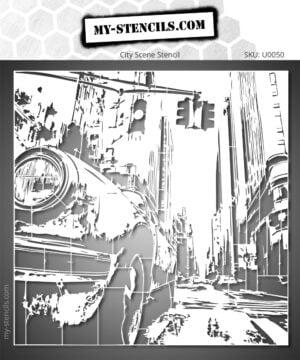 Reusable Car Stencil – Urban Perspective depicting a close-up car in a street and building setting.