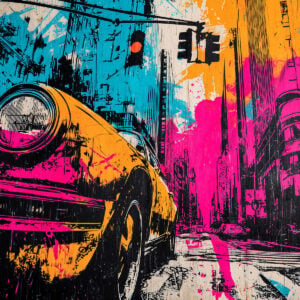 Street Art creation with a stencil showcasing a car in extreme close-up, featuring a prominent headlight and a street in perspective flanked by buildings in the background.